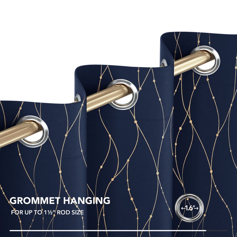 Deconovo Blackout Curtains 2 Panels for Bedroom and Living Room, Gold Foil Wave Lines and Dots, Thermal Insulated Room Darkening Grommet Window Drapes for Nursery, Navy Blue, 42W x 45L Inch - Image 5